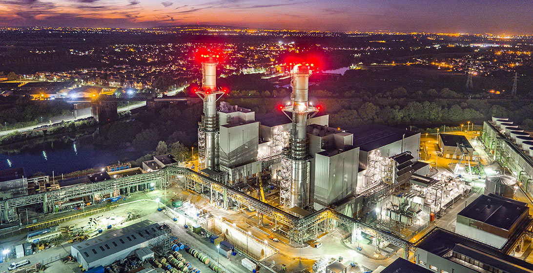 Aerial photograph of a power station taken at night