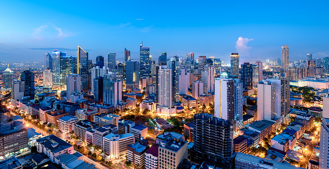 Photograph of a city skyline at night