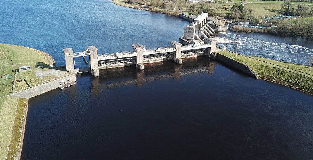 Photograph of a working hydro dam taken from above