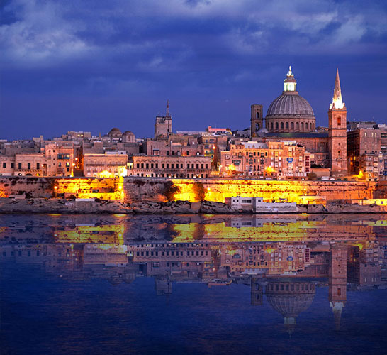 Photograph of the city of Valetta in Malta taken at night