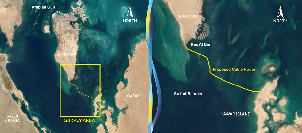 Graphic of a map of Bahrain and Hawar Island showing the survey area and proposed cable route
