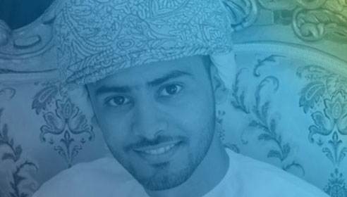 Photograph of Abdullah Al Rawahi with blue to yellow gradient overlay