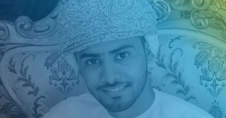 Photograph of Abdullah Al Rawahi with blue to yellow gradient overlay