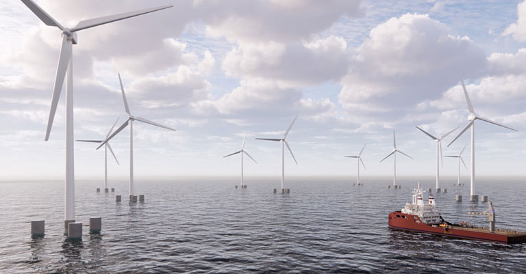 A 3d render of offshore wind turbines