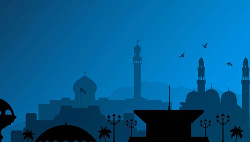 Graphical image of buildings silhouetted against a blue background