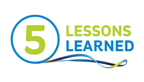 Image showing a large number 5 with a circle around it. The words lessons learned are next to it with a ribbon graphic below